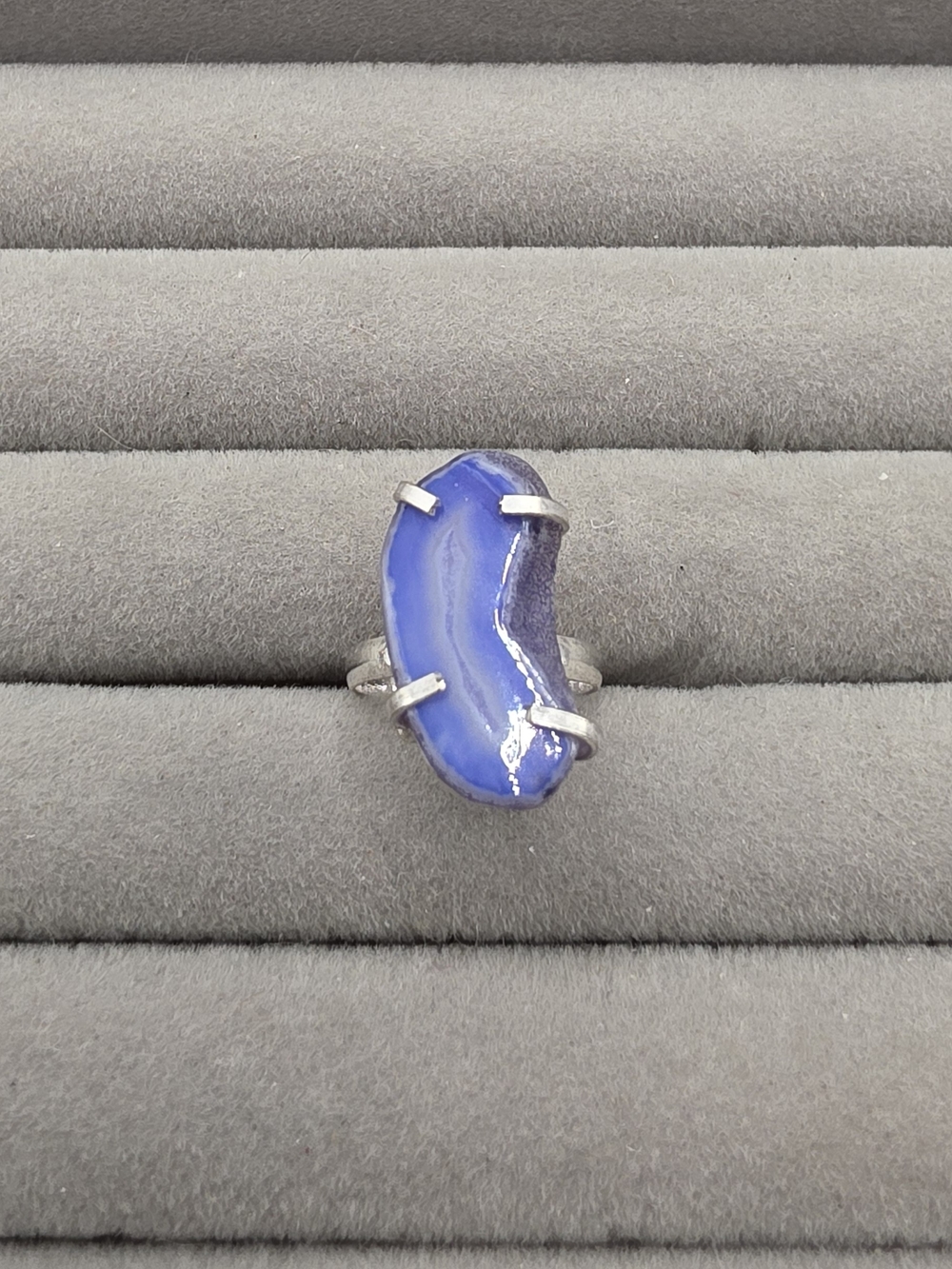 Silver Plated Ring Size 5 3/4 with Blue Agate Slice - Women's Jewelry
